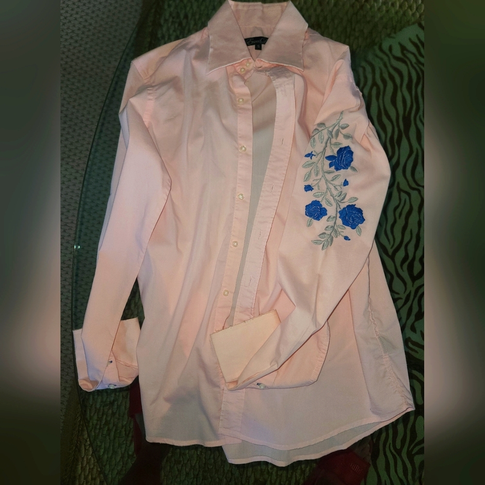 Vintage Eduard Dada Pink Shirt with Blue Floral Embroidery